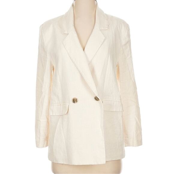 Old Navy Double Breasted Linen Blend Suit Blazer Shoulder Padding Relaxed Large - Picture 1 of 12
